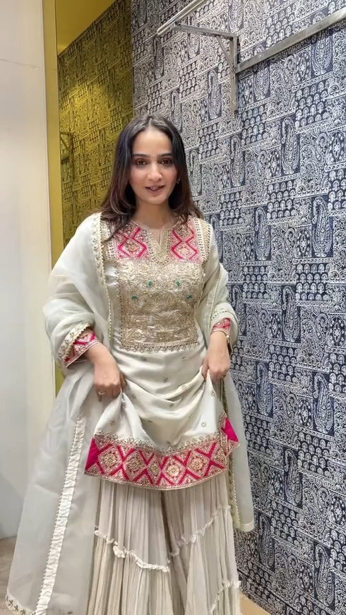 Ivory & Pink Handcrafted Embroidered Kurta Set with Sharara & Dupatta